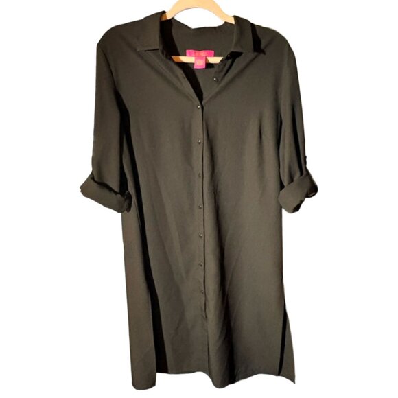 Catherine Malandrino Black Shirt Dress L Collared Button Front Roll Tab Sleeve - Picture 2 of 11